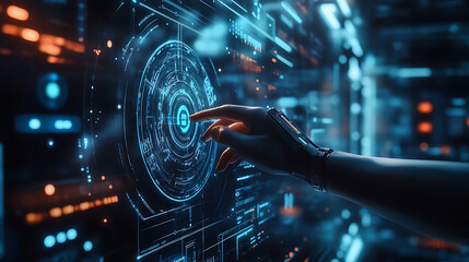 A futuristic AI powered blockchain security center, real-time threat detection and AI-enhanced transaction monitoring, Cybersecurity tech style