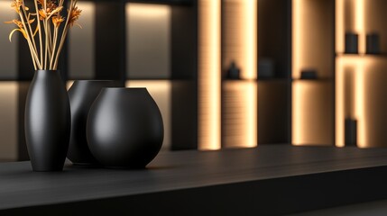 Elegant black vases with flowers on a sleek table in a modern, softly lit interior setting