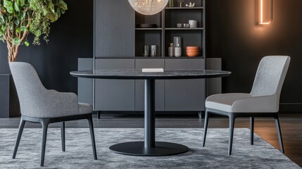 A modern dining room featuring a table and chairs is displayed