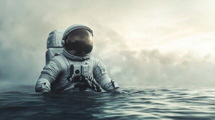 An astronaut in a spacesuit standing in water with a cloudy sky in the background on a bright day