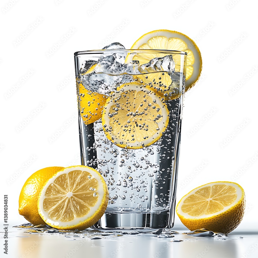 Poster refreshing citrus elixir: a captivating studio shot showcasing a transparent glass filled with bubbl