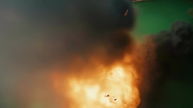Realistic car explosion generating fire, smoke, and debris against a green screen background, perfect for visual effects and compositing in film or video production
