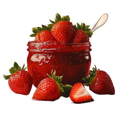Strawberry jam in a glass jar, berry and leaf of strawberry isolated on white background
