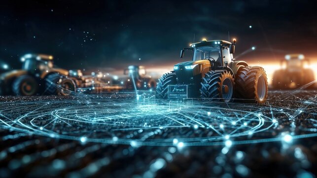 Futuristic farming technology smart tractors in action digital agriculture high-tech environment aerial view innovation concept