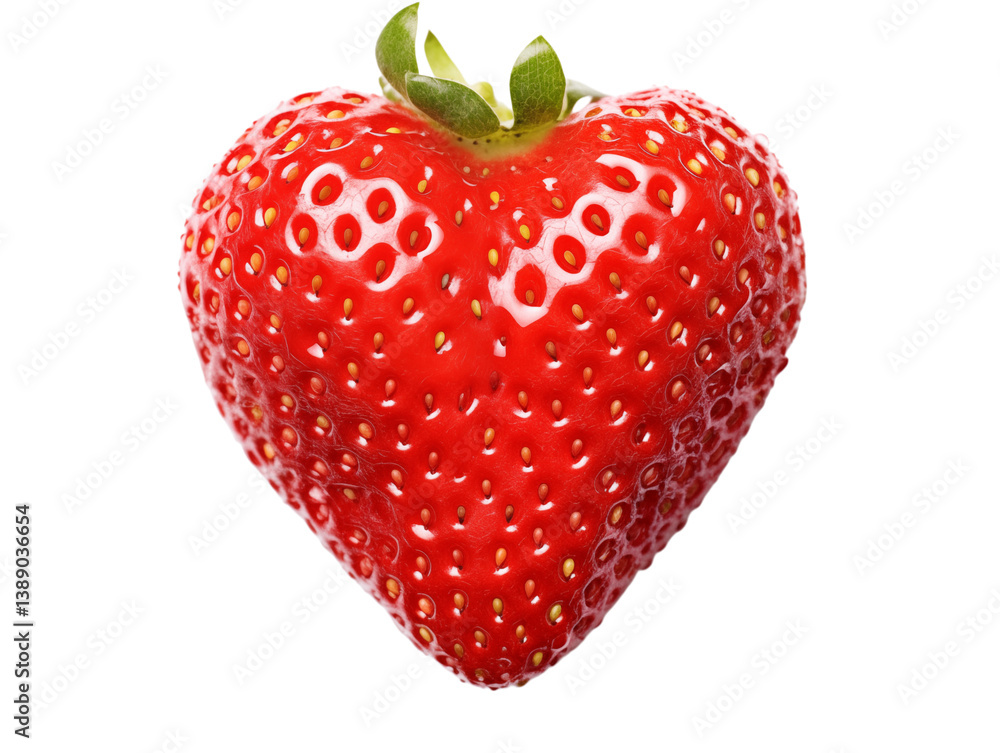 Poster a close up view of a single ripe strawberry with green leaves on a space on transparent background