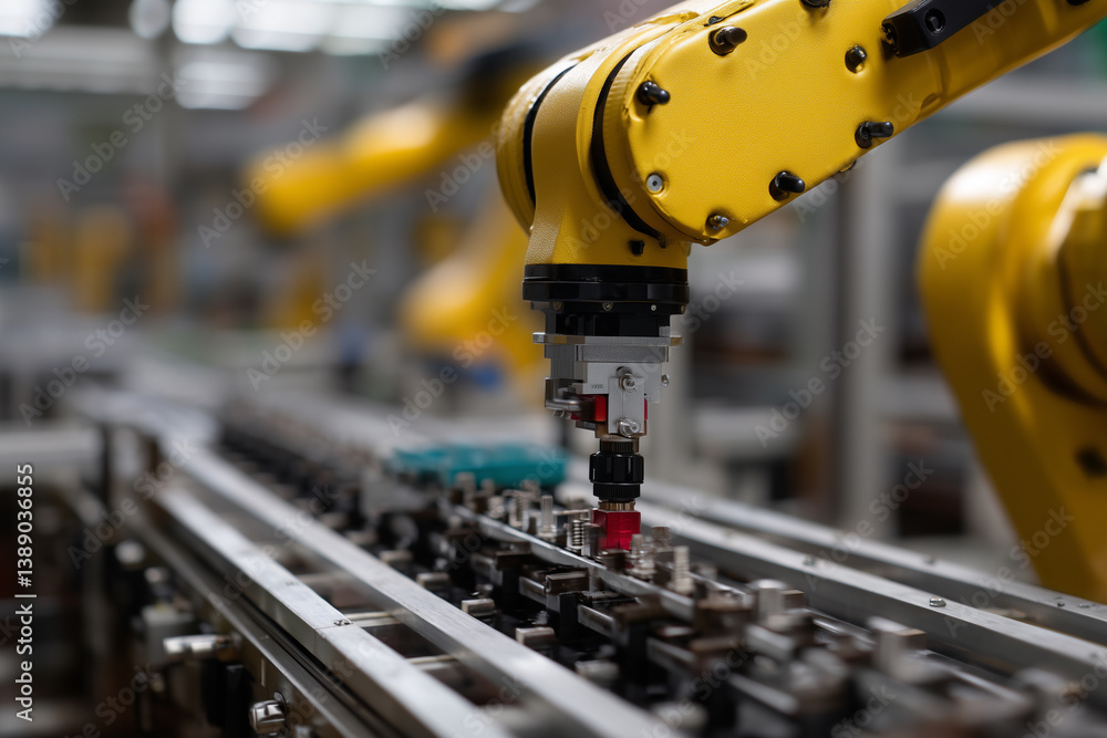 Poster Robotic arm in factory setting working on assembly line, showcasing precision and innovation