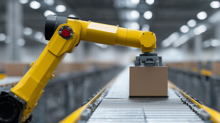 Fototapeta premium Yellow robotic arm on conveyor in factory setting, handling cardboard box efficiently