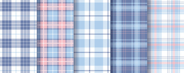 Plaid background. Tartan seamless pattern. Check print. Flannel blue pink textures. Set gingham fabric. Shirt textile. Lumberjack cloth for shirts. Vichy abstract tablecloth. Vector illustration