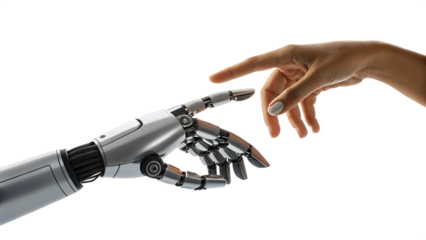 Human hand touching robotic hand isolated on white background