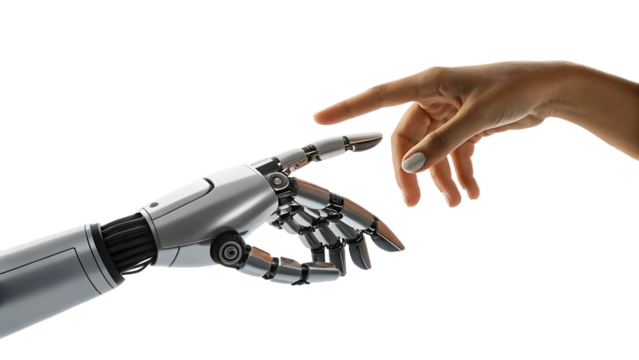 Human hand touching robotic hand isolated on white background