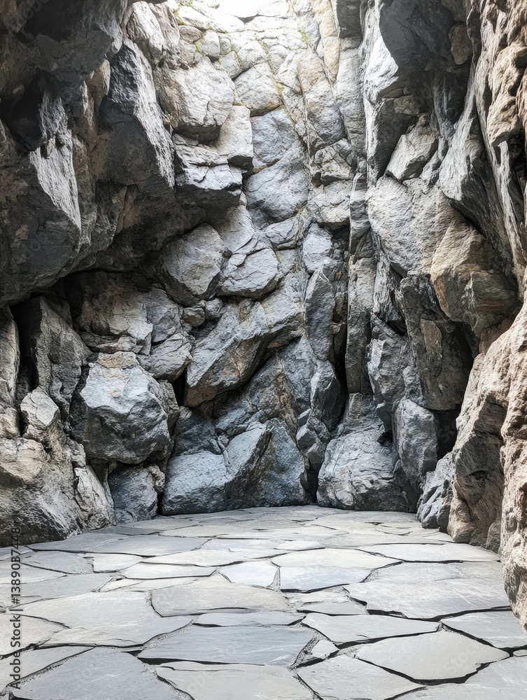 Poster rocky enclosure with natural light filtering through overhead opening creating a serene and isolated
