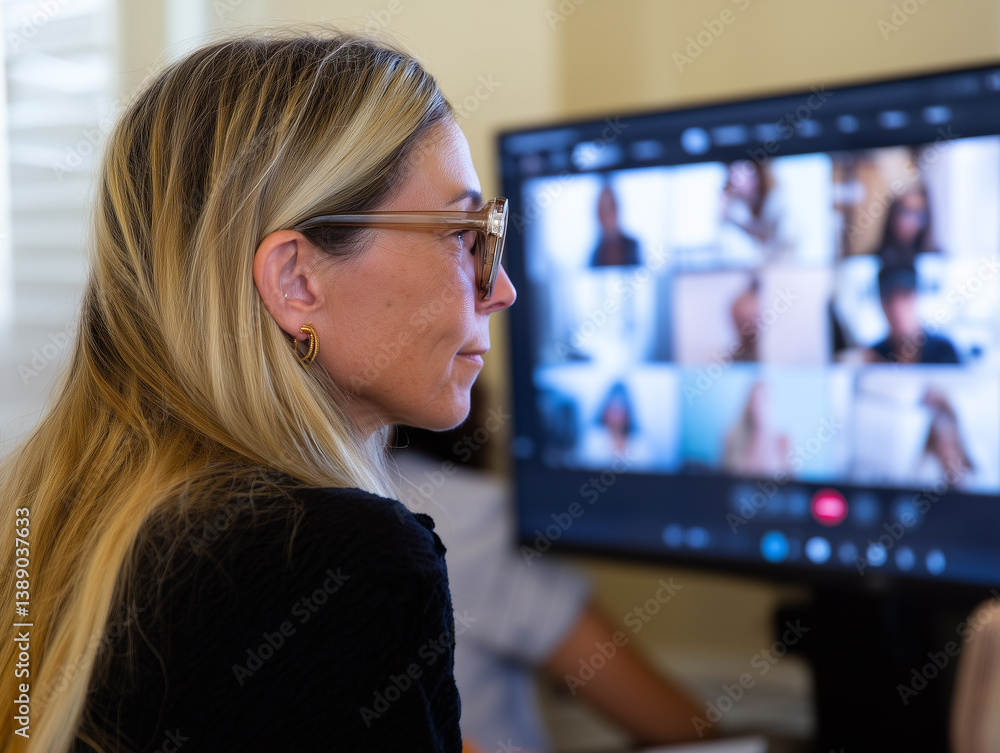 Poster woman with glasses attentively participates in virtual meeting, focusing on computer screen displaying multiple participants
