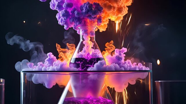 Explosive chemical reaction in laboratory flask with vibrant purple and orange smoke and sparks.

