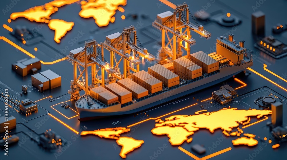Poster cargo ship in harbor managing global logistic transportation concept. a modern cargo ship navigating