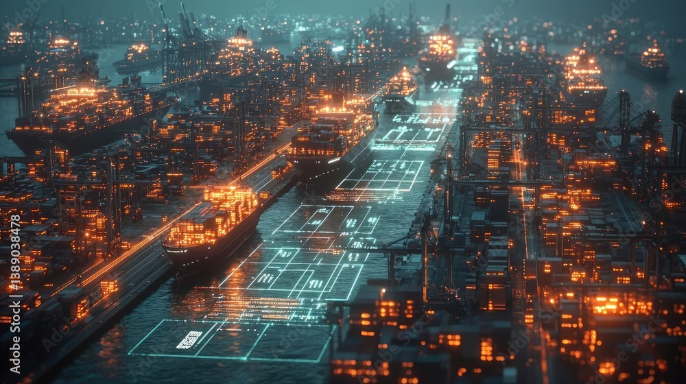 Poster cargo ship in harbor managing global logistic transportation concept. a busy port filled with illumi
