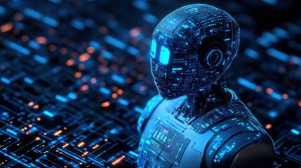Futuristic ai android with digital circuitry on a glowing tech background
