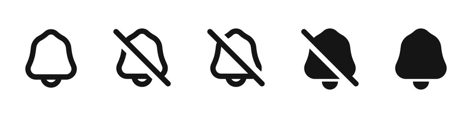 Notification bell icon set alarm symbol. Incoming inbox new message notification icon. No Bell off, silent mute icons. Social media icons