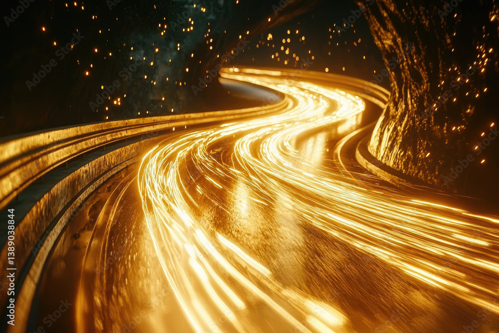 Poster Golden light trails curve through a dark tunnel, creating a mesmerizing, abstract depiction of speed and movement.