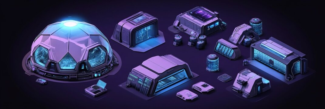 Futuristic Space Habitat: Abstract Marketing Background with Biodome, Bioluminescent Pulses, and Self-Repairing Textures. Eco-Tech Metaphor in Isometric Sci-Fi Art for Creative Design. AI-Generated Po