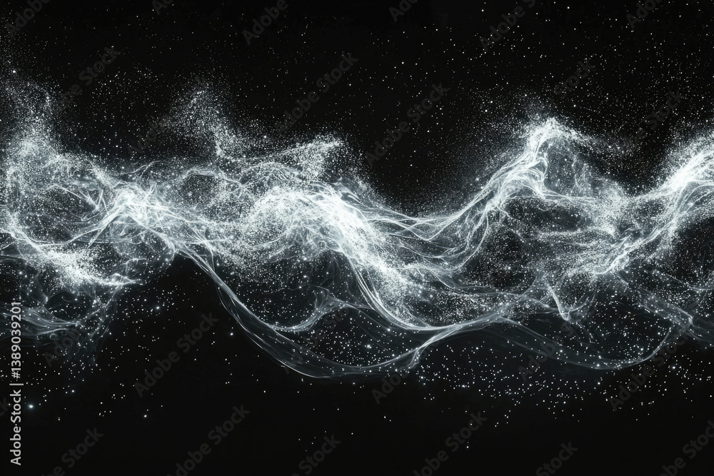 Poster Abstract wave of light particles floating in the dark, cosmic dust and stardust.