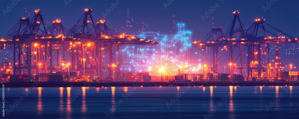 Poster cargo ship in harbor with global shipping logistic concept. a vibrant view of a cargo port at night,