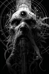 Una criatura grotesca con un solo ojo, rodeada de símbolos arcanos, en una imagen en blanco y negro de alta calidad.