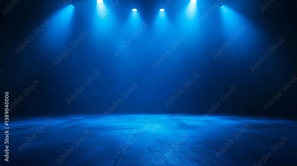 Poster abstract dark blue studio room featuring a neon spotlight and empty backdrop for product display or 