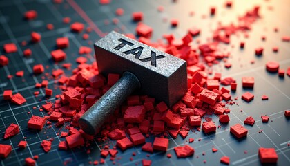A massive tax anvil crashing down on a stock market graph, sending red shards flying in all directions.