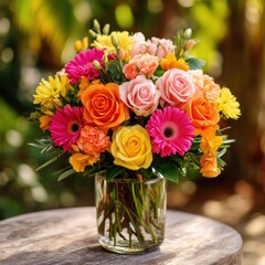 Colorful Flower Arrangement with Roses and Gerberas in Glass Vase