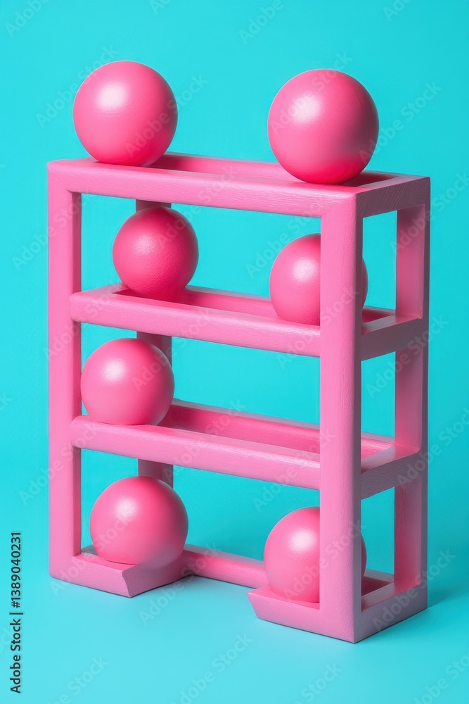 Poster pink spheres in a geometric shelf structure on a teal background playful arrangement modern minimali
