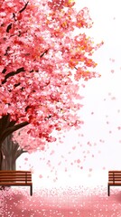 Blossoming cherry trees tranquil park digital illustration serene environment wide angle nature's beauty