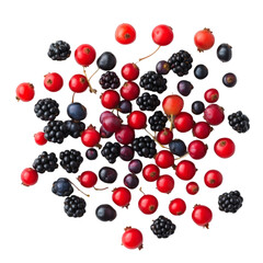 Berry mix isolated on white background fresh raspbery and blueberry closeup top view flat lay
