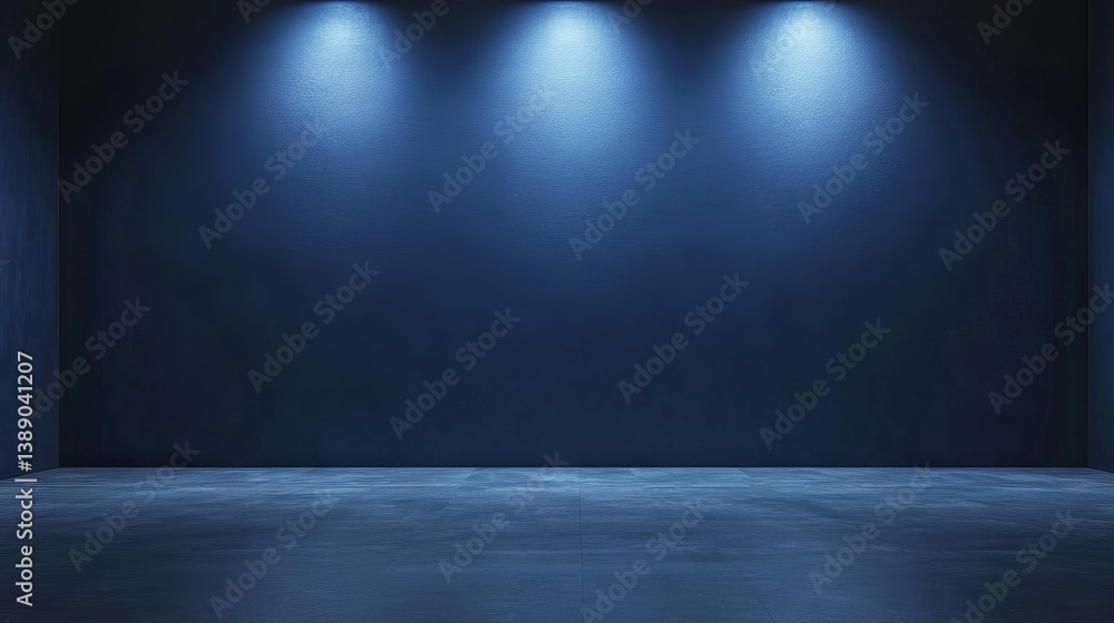 Poster abstract dark blue studio room featuring a neon spotlight and empty backdrop for product display or 