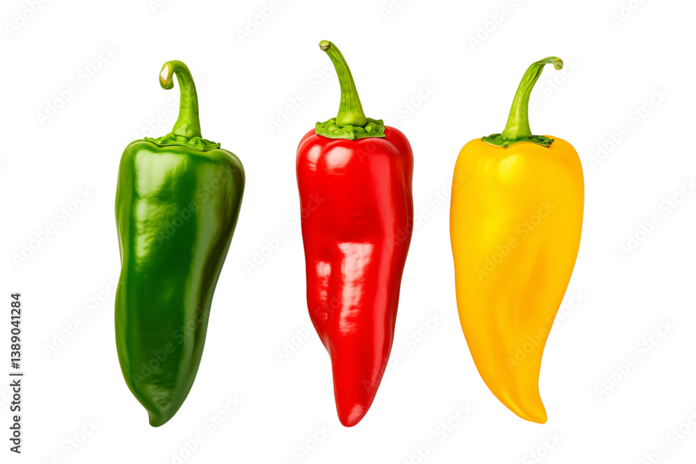 Poster three peppers in a row with green red and yellow colors against a black colored background image on 