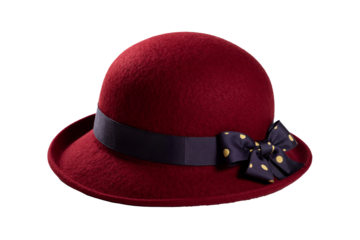 Vintage-inspired red felt cloche hat featuring a navy blue grosgrain ribbon band and decorative bow with gold accent studs
