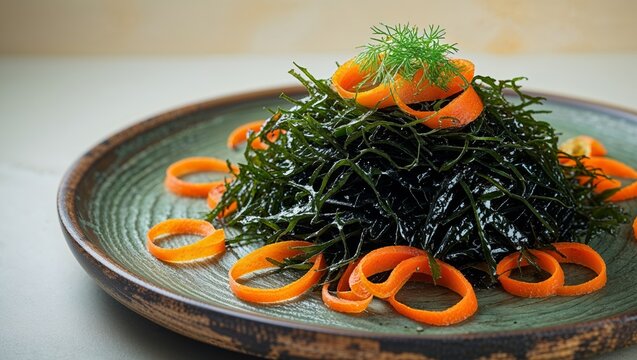 Dark Green Seaweed Salad with Orange Carrots on Wooden Plate.