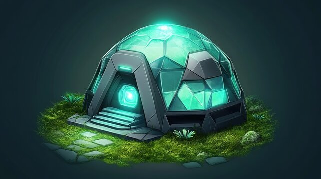 Futuristic Space Habitat: Abstract Marketing Background with Biodome, Bioluminescent Pulses, and Self-Repairing Textures. Eco-Tech Metaphor in Isometric Sci-Fi Art for Creative Design. AI-Generated Po