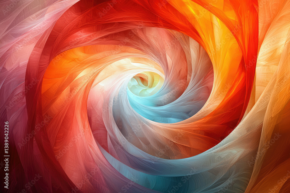 Poster abstract swirling vortex of vibrant red, orange, and teal colors creating a mesmerizing visual exper