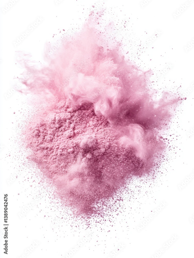 Poster ethereal pink powder explosion against white backdrop creating a dynamic abstract design with soft t