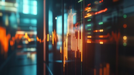 Fototapeta premium Financial data visualization displayed on a glass surface with blurred lights