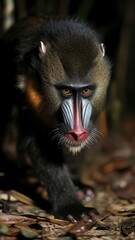 Primer plano de un mandril con una expresi&oacute;n intensa, en un entorno boscoso oscuro.