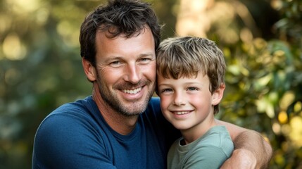 Fototapeta premium Father and son sharing a warm smile, embodying a strong family bond. 