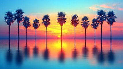 Palm tree silhouette with water reflection at sunset, tropical beach seascape with vibrant sky, serene vacation landscape symbolizing relaxation, travel, and summer paradise