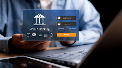 Mobile banking technology, Cyber security.  Businessman using smartphone to do online mobile banking, Digital financial innovation technology, Investing in stocks and mutual funds for retirement.