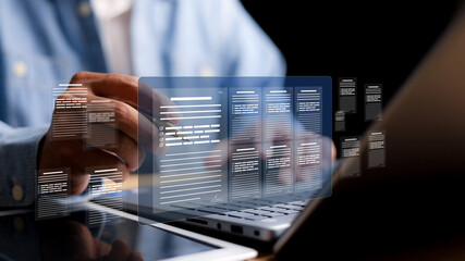 Businessman showing online document validation icon, quality assessment management With a checklist, business document evaluation process, market data report analysis and consulting,