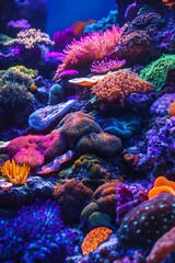 Obraz premium Vibrant coral reef teeming with diverse marine life. Stunning underwater scene showcasing colorful corals and anemones.