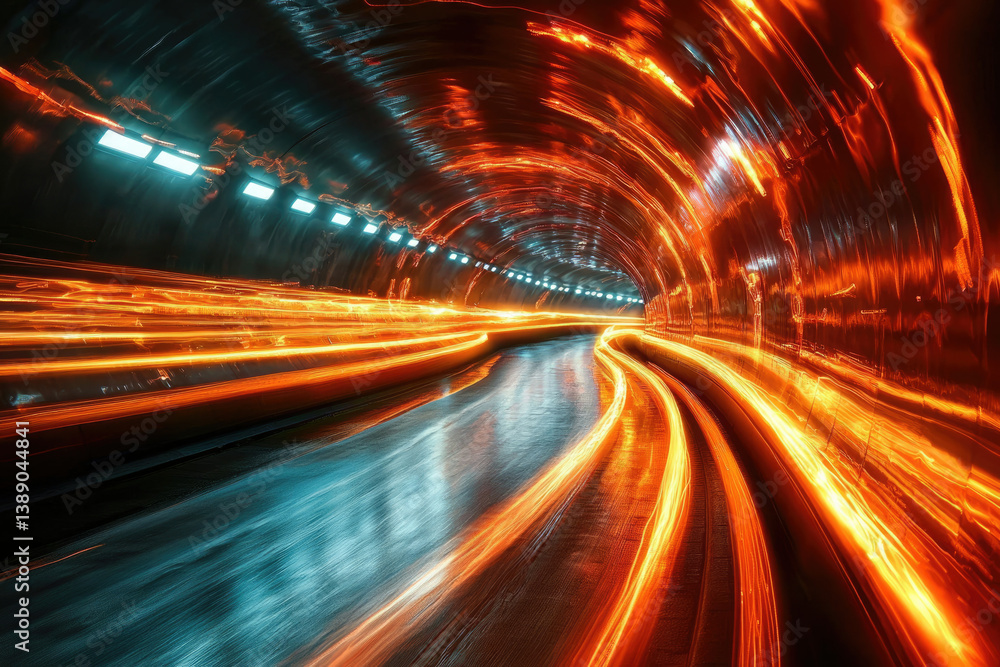 Poster a speeding vehicle's light trails illuminate a curving tunnel, creating a vibrant, dynamic scene.