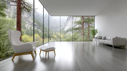 Modern interior design featuring stunning mountain view through large glass windows