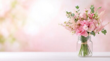 A lovely bouquet of pink flowers sits in a clear glass jar. The arrangement includes various blossoms. Its presented against a soft pink, blurred backdrop. The image is high-quality, well-lit, and f