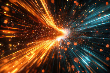 Fototapeta premium A mesmerizing cosmic tunnel with vibrant orange and teal light streaks, sparkling particles, and a dark background.